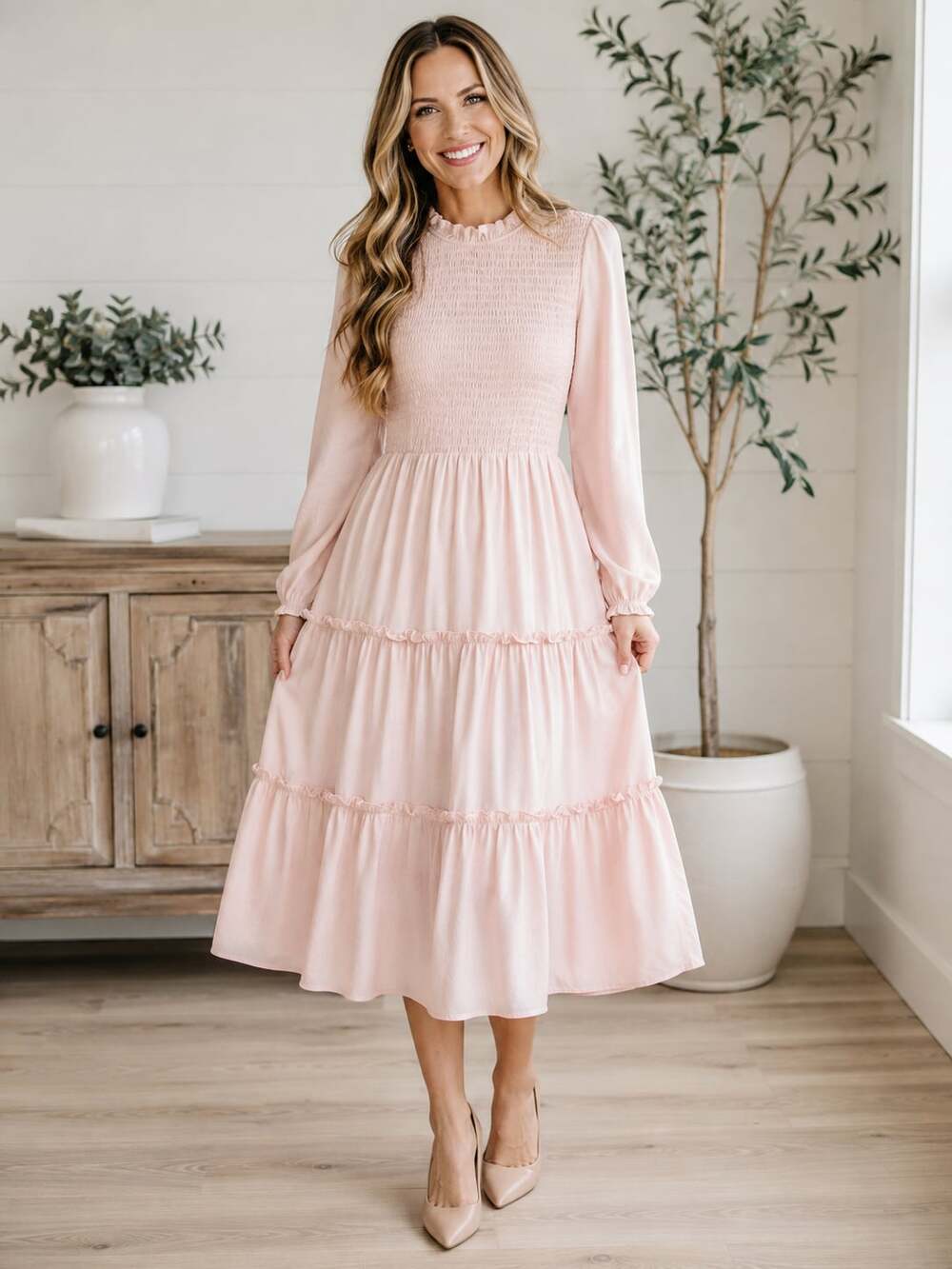 SWEETSALT Blush Pink Smocked Tiered Midi Dress Long Sleeve Lined Size 2